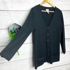 Chico's Black Silk Blend Long Button Up Cardigan Sweater with Pockets Size Small
